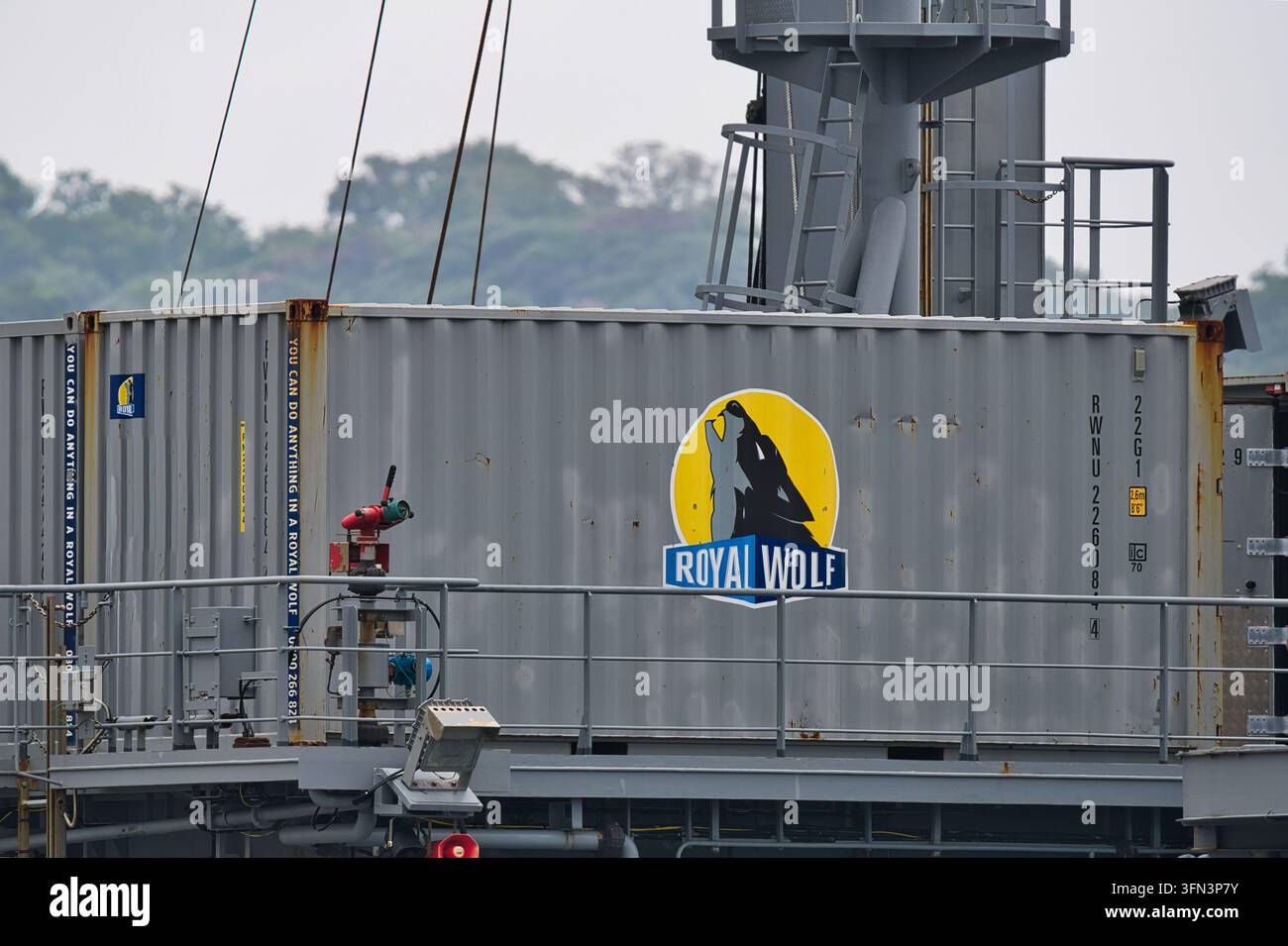 Royal Wolf 20-foot standard dry shipping container aboard Royal New Zealand Navy HMNZS Aotearoa (A11) Stock Photo