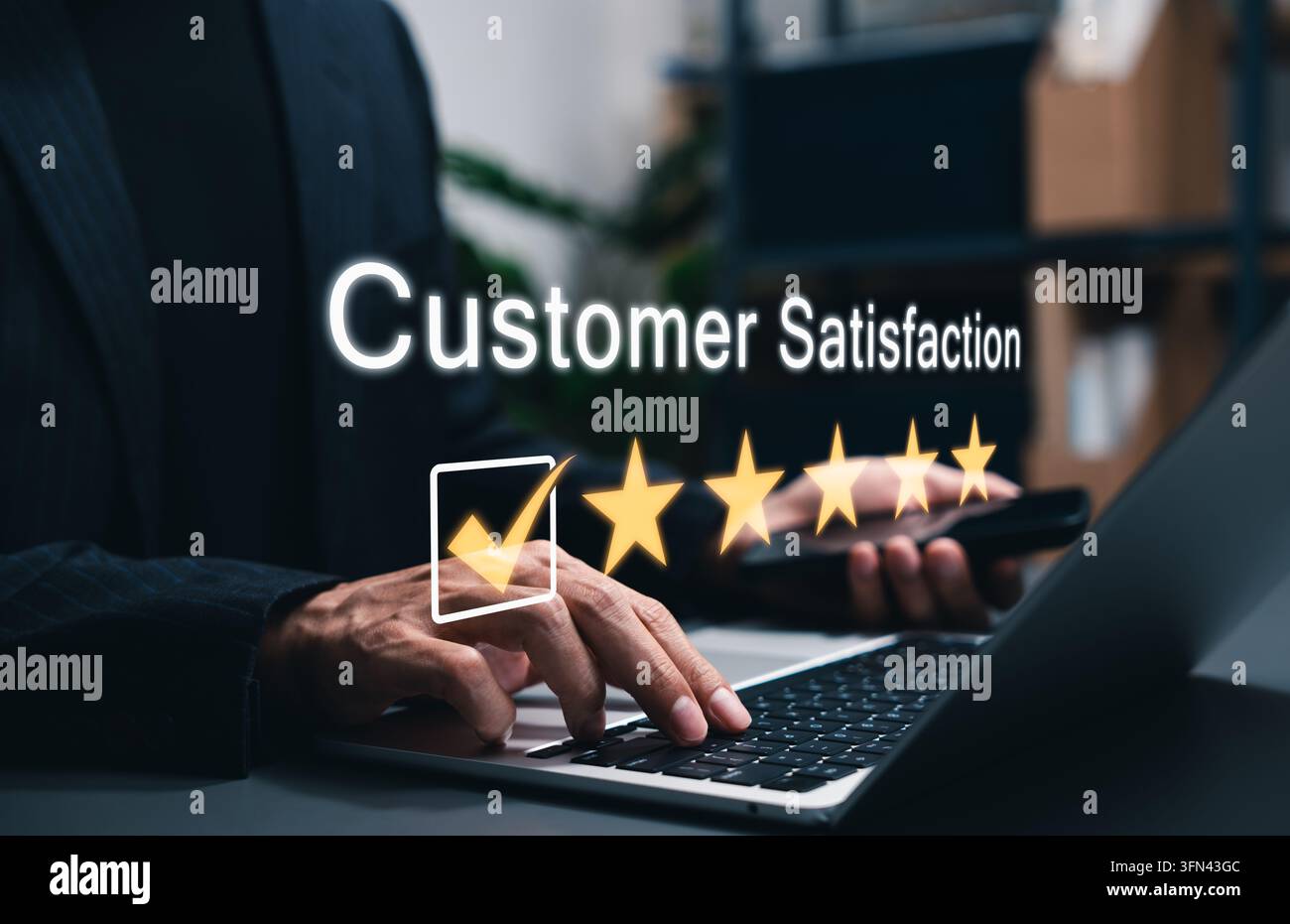 Customer satisfaction and five star rating shown with laptop ...