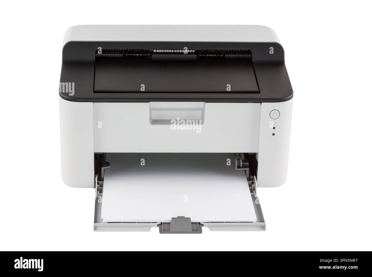 Small compact white laser printer with blank sheets of paper, isolated on a white background. Stock Photo