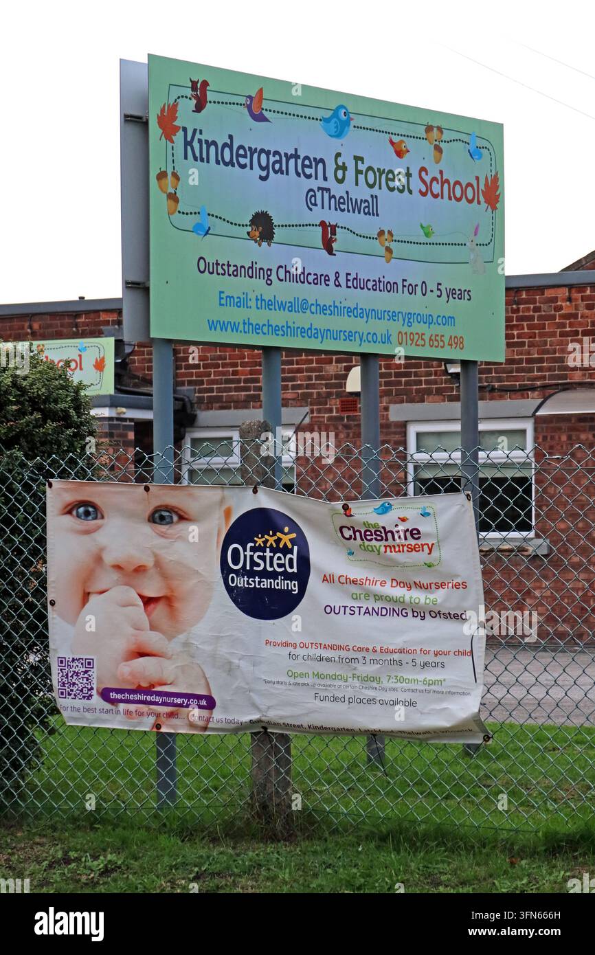 Thelwall Kindergarten Forest School and day nursery sign in Thelwall, Warrington, Cheshire. Stock Photo