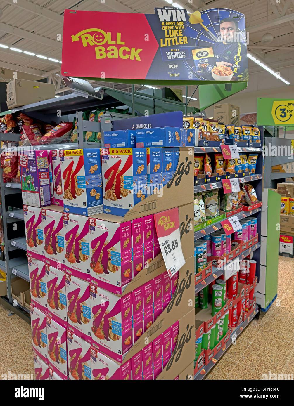 Asda Rollback display on a UK supermarket aisle, illustrating discount pricing, promotions and household grocery budgets. Stock Photo