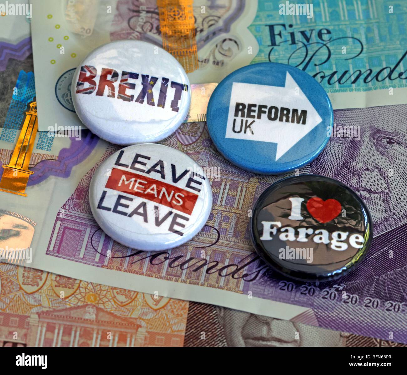 Brexit, Reform UK and Nigel Farage badges on sterling banknotes, illustrating political funding and Eurosceptic campaigning. Stock Photo