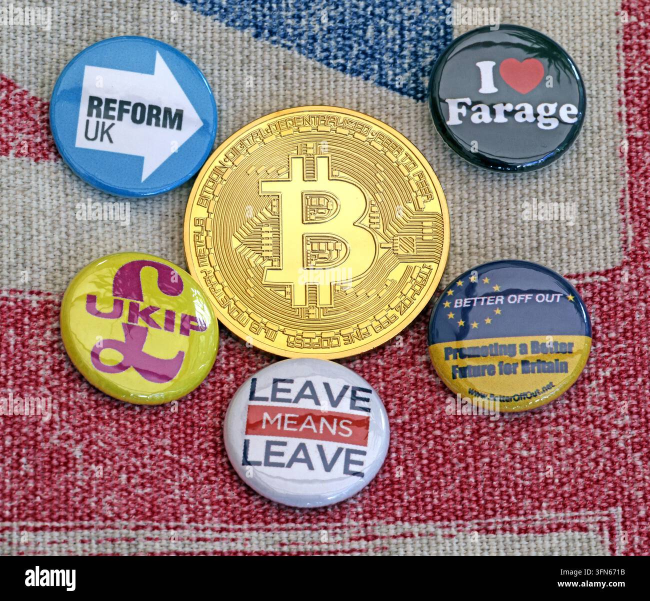 Reform UK and Nigel Farage badges with Bitcoin token, illustrating political funding and crypto-donation scrutiny. Stock Photo