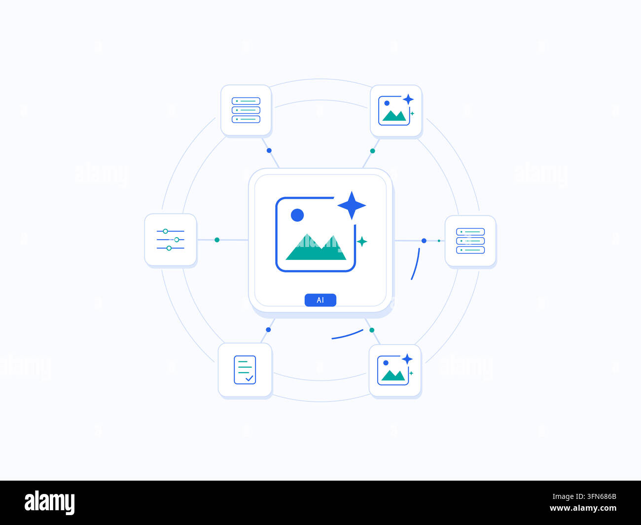 Generative AI creative tools with connected technology symbols and editable geometric shapes. Stock Vector