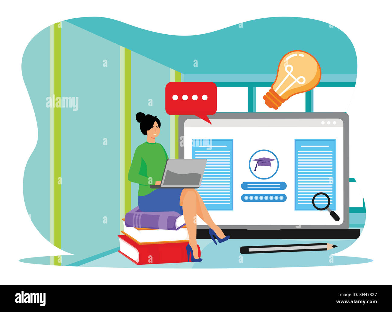 Shows students engaged in online learning using digital tools amidst a dynamic atmosphere. Representing innovation, education and technology in the mo Stock Vector