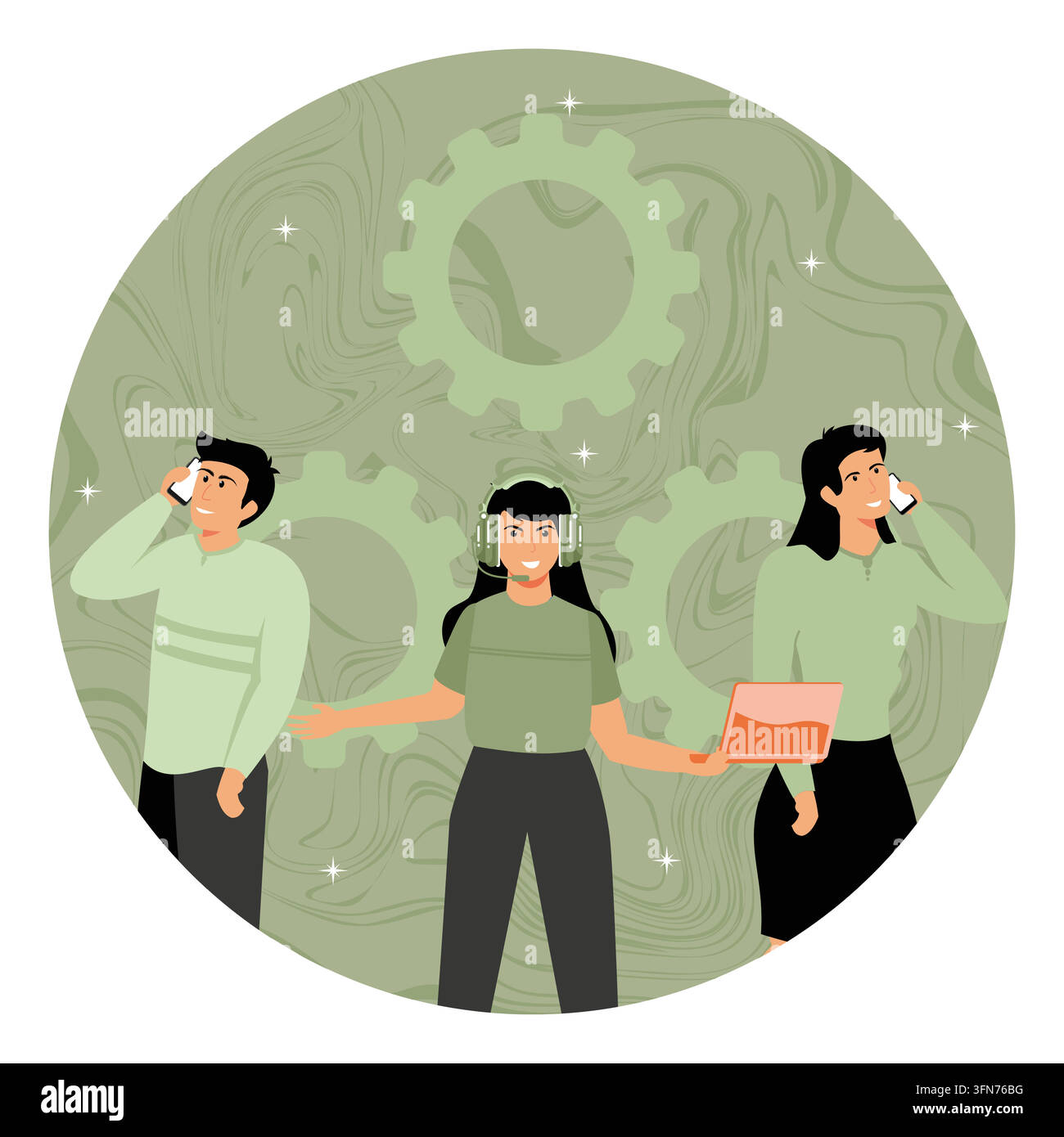 Teamwork in a business setting emphasizing communication and collaboration through technology, showcasing diverse professionals with technical devices Stock Vector