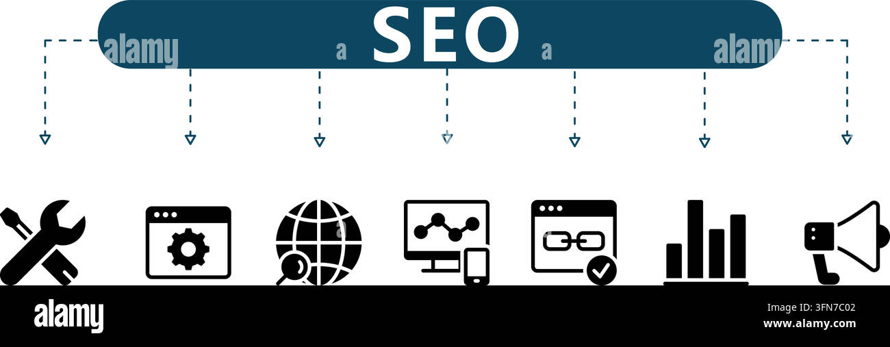 Search engine optimization vector set featuring black icons for tools, setting browser, global search, analytics, backlink, chart, and megaphone. Stock Vector