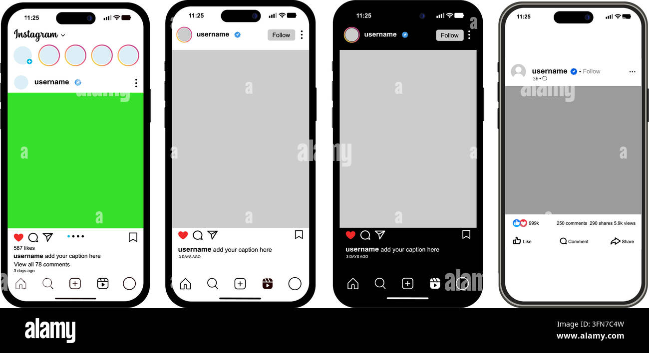 Social media post mockups vector set featuring blank mobile app interface templates for Instagram and feeds with light and dark mode layouts. Stock Vector