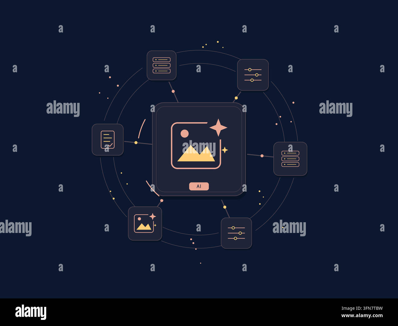 Generative AI creative tools with connected technology symbols and editable geometric shapes. Stock Vector
