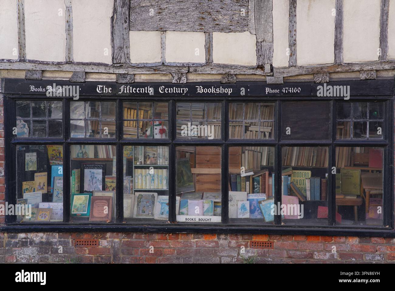 The Fifteenth Century Bookshop window under timber framing in Lewes, England. Stock Photo