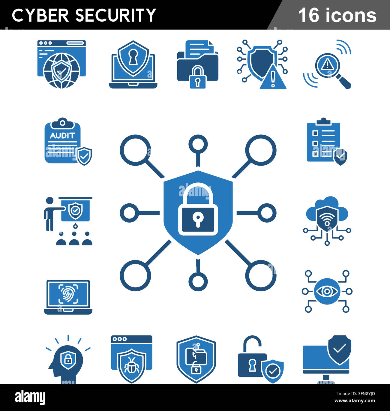 Cyber security blue vector icon set featuring data protection, digital safety, and network security. Stock Vector