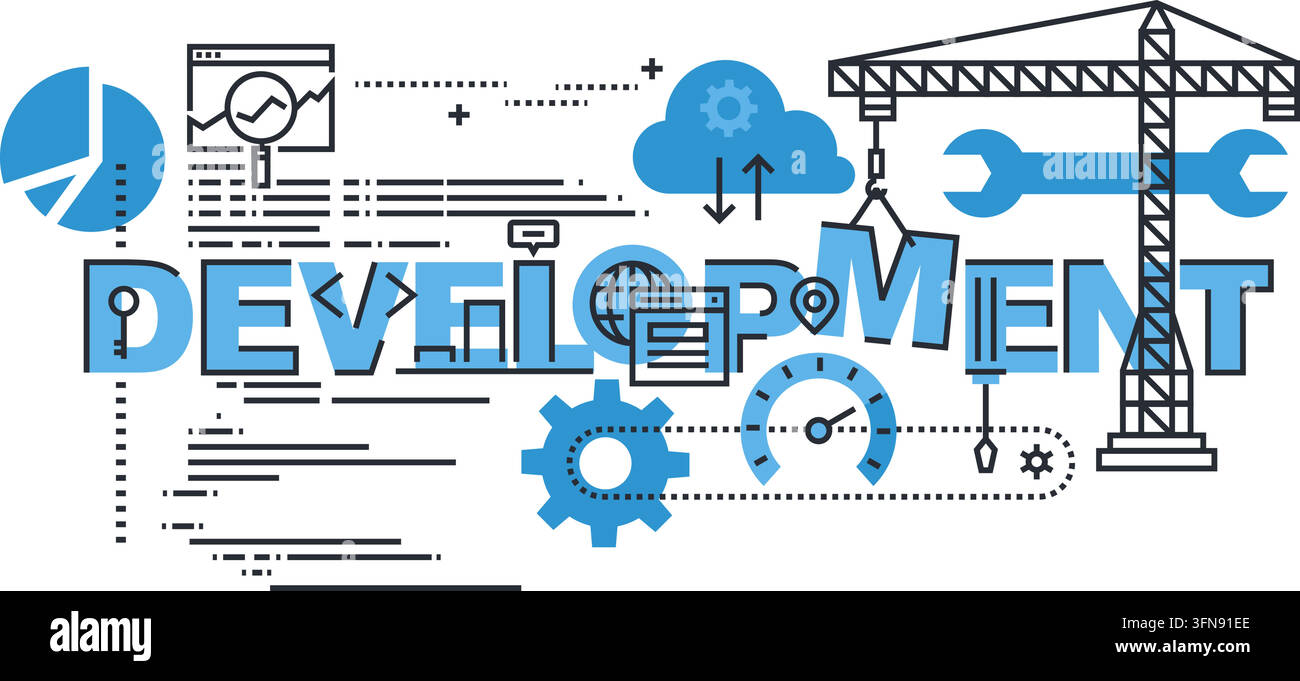 Software and web development vector concept illustration featuring coding, cloud computing, project management, and construction tools. Stock Vector