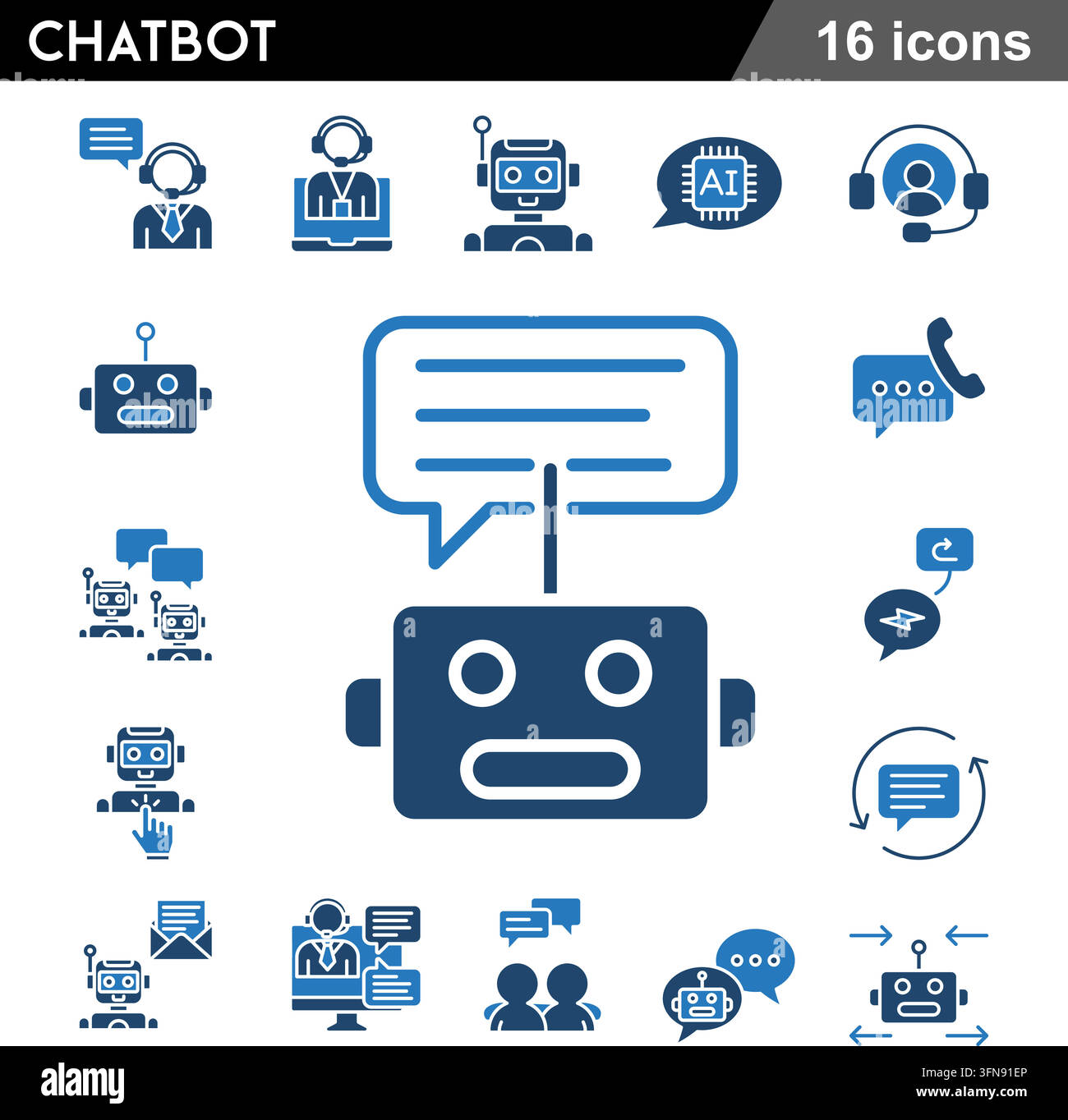 Modern chatbot icon set featuring AI assistance, customer support, automated messaging, virtual conversational agents, and tech communication. Stock Vector