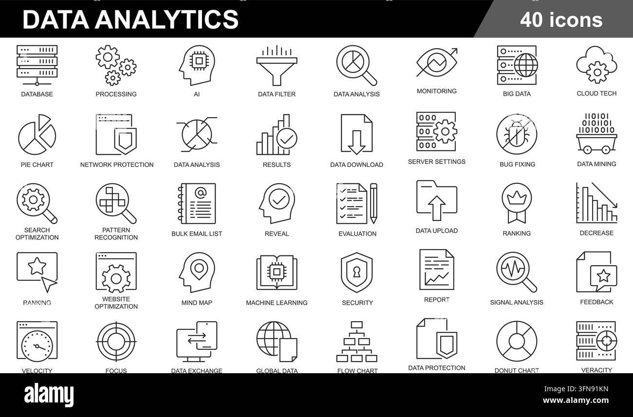 Modern vector collection of 40 linear outline icons representing data analytics, business intelligence, machine learning, and big data processing Stock Vector