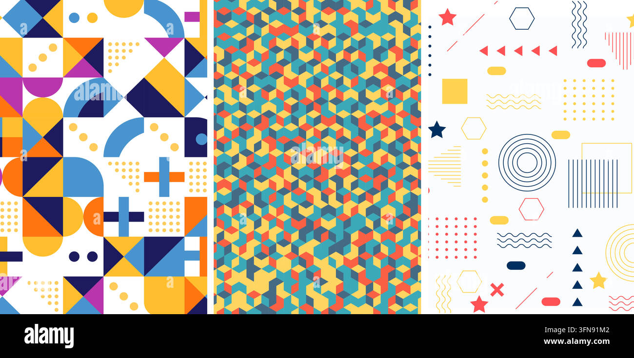 Geometric pattern and Memphis style vector background set featuring colorful retro shapes, isometric cubes, and abstract artistic compositions. Stock Vector