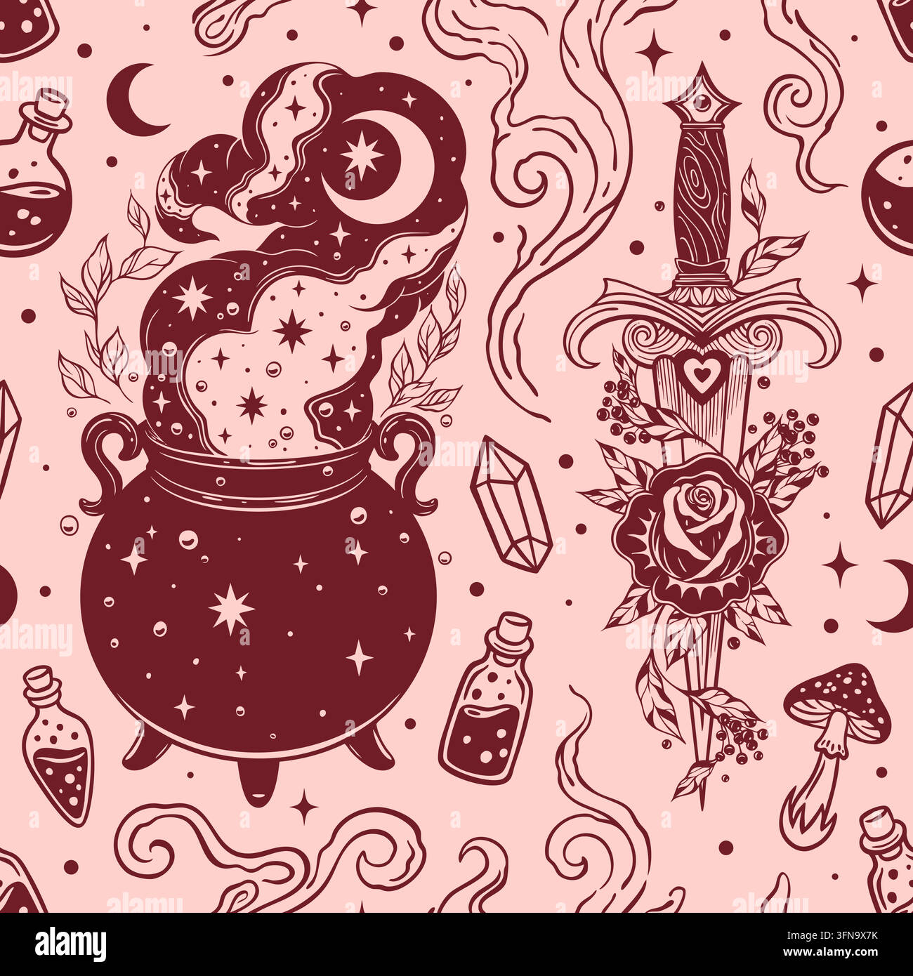 Seamless vector pattern with brewing witch cauldron, dagger with rose, magic potion bottles, crystals, mushrooms, and stars. Stock Vector