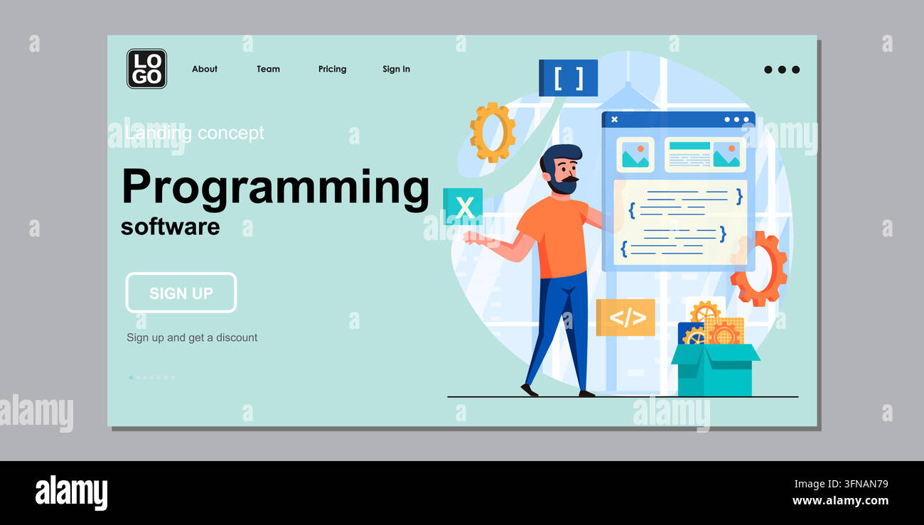 Teal colored landing page vector template for programming software featuring a developer working with code windows and digital elements Stock Vector