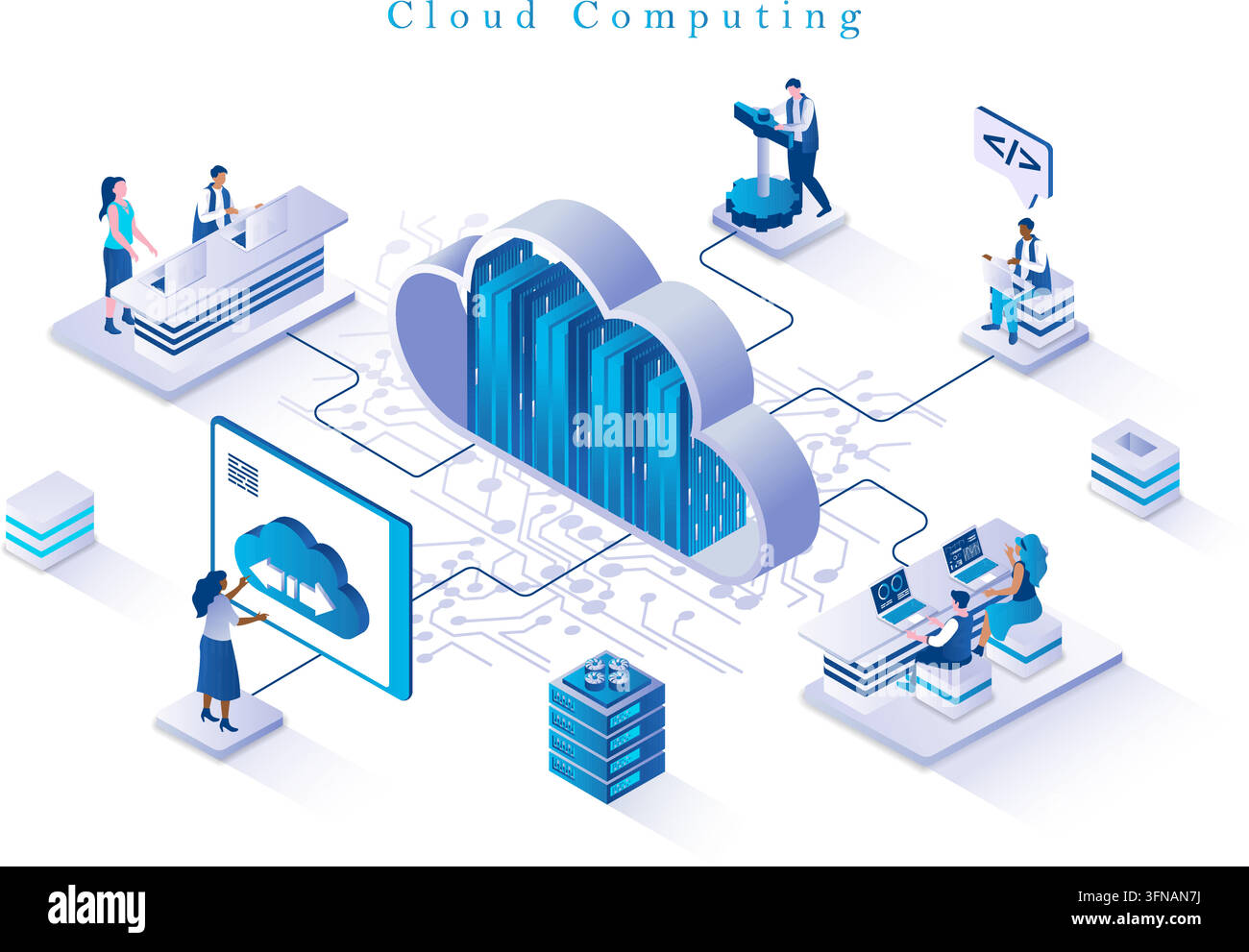 Isometric vector illustration concept of cloud computing with servers, data storage, database management, and developers working on laptops Stock Vector
