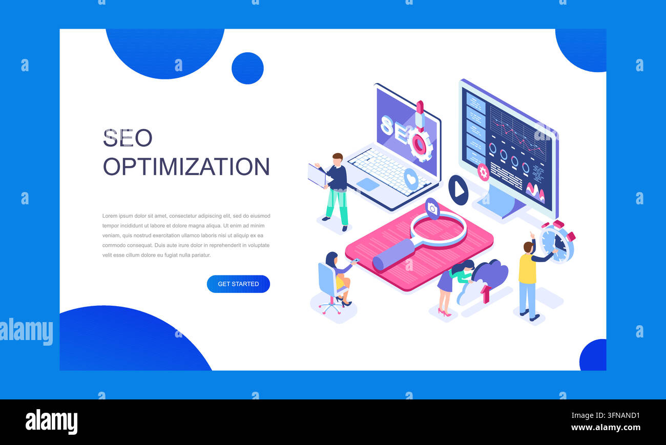 SEO optimization landing page featuring website analytics, search engine tools, and digital marketing graphics. Stock Vector