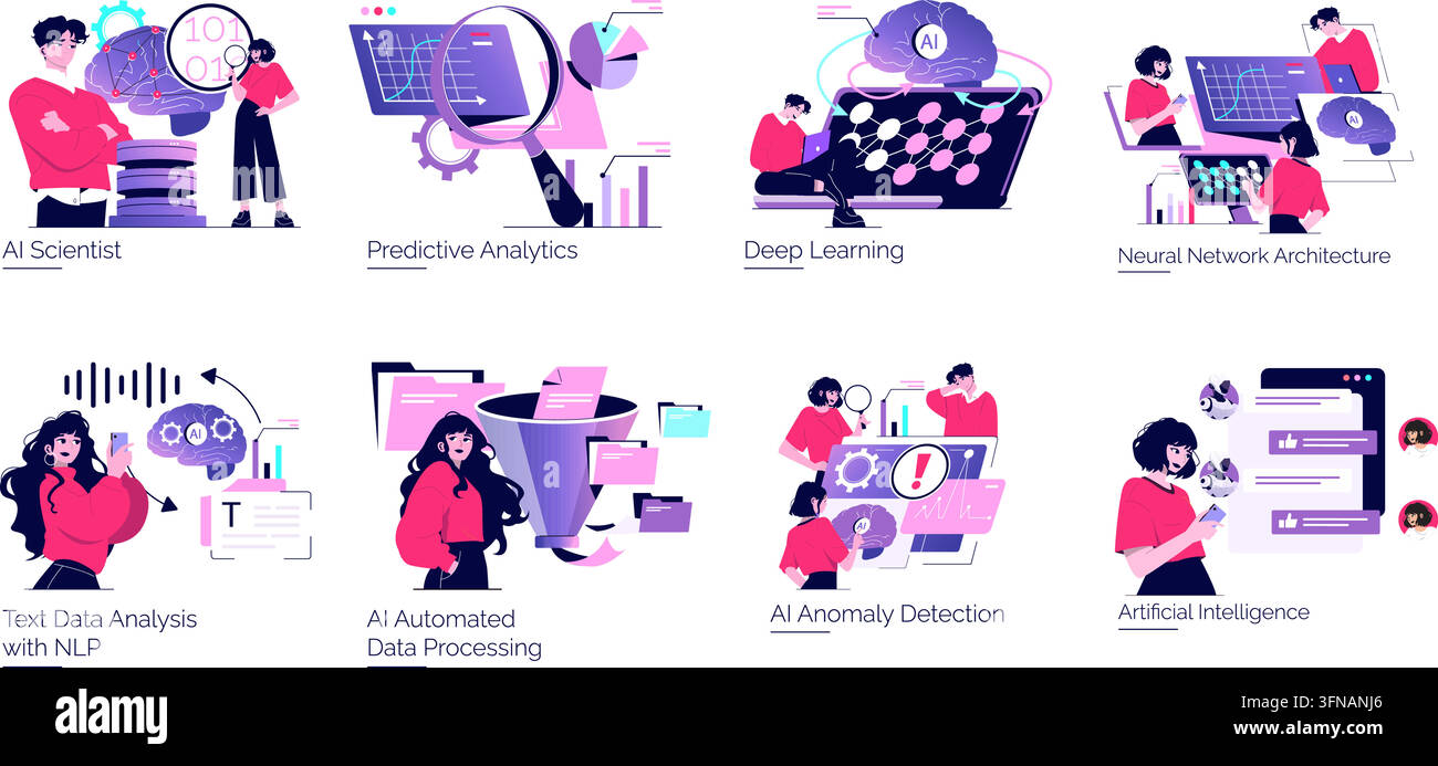 Artificial intelligence concept set featuring neural network architecture, deep learning, and predictive analytics.artificial intelligence Stock Vector
