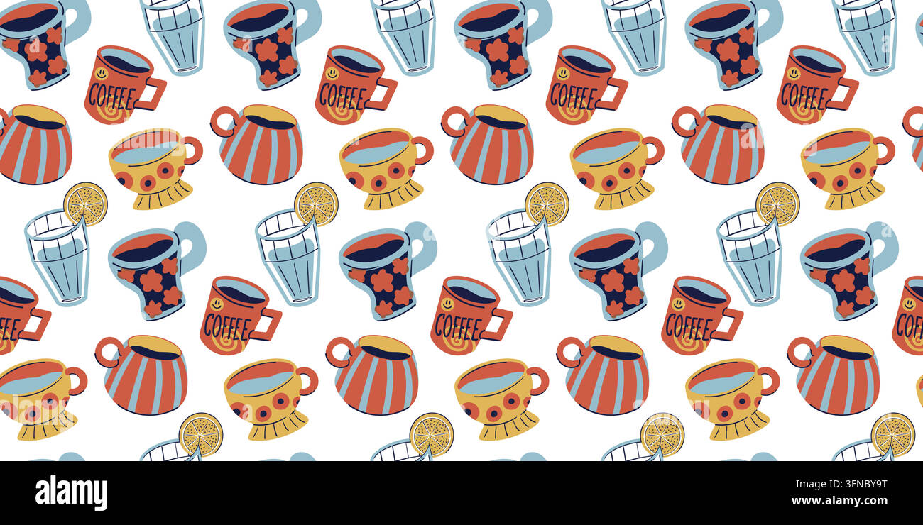 Seamless pattern with cute coffee mugs and tea cups. Hand drawn drinkware vector repeating print Stock Vector