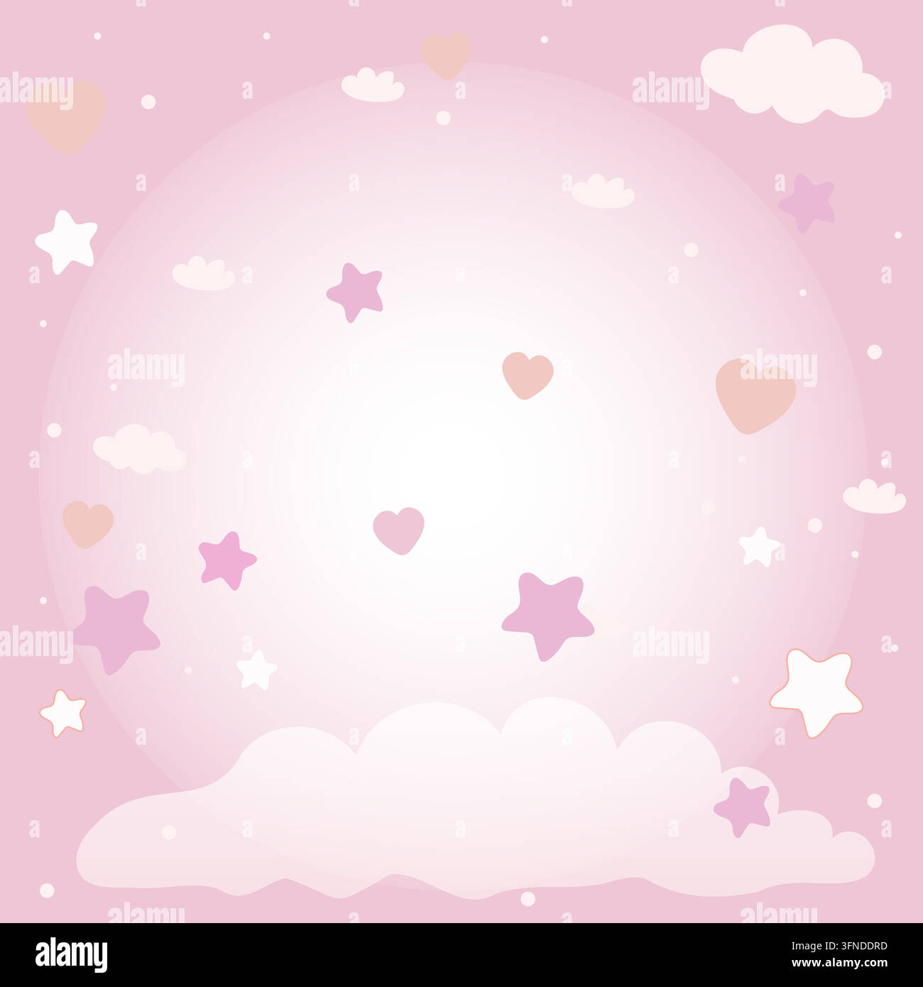 Cute cartoon pink background with clouds, stars and hearts. Vector ...