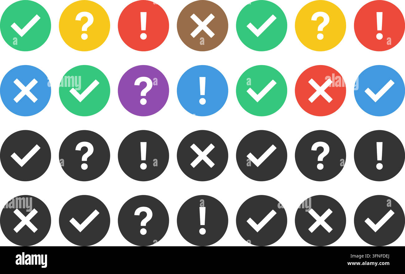 Set of check mark, cross, question mark, and exclamation point icons in multi-color variations featuring flat circle shapes for user interface design Stock Vector