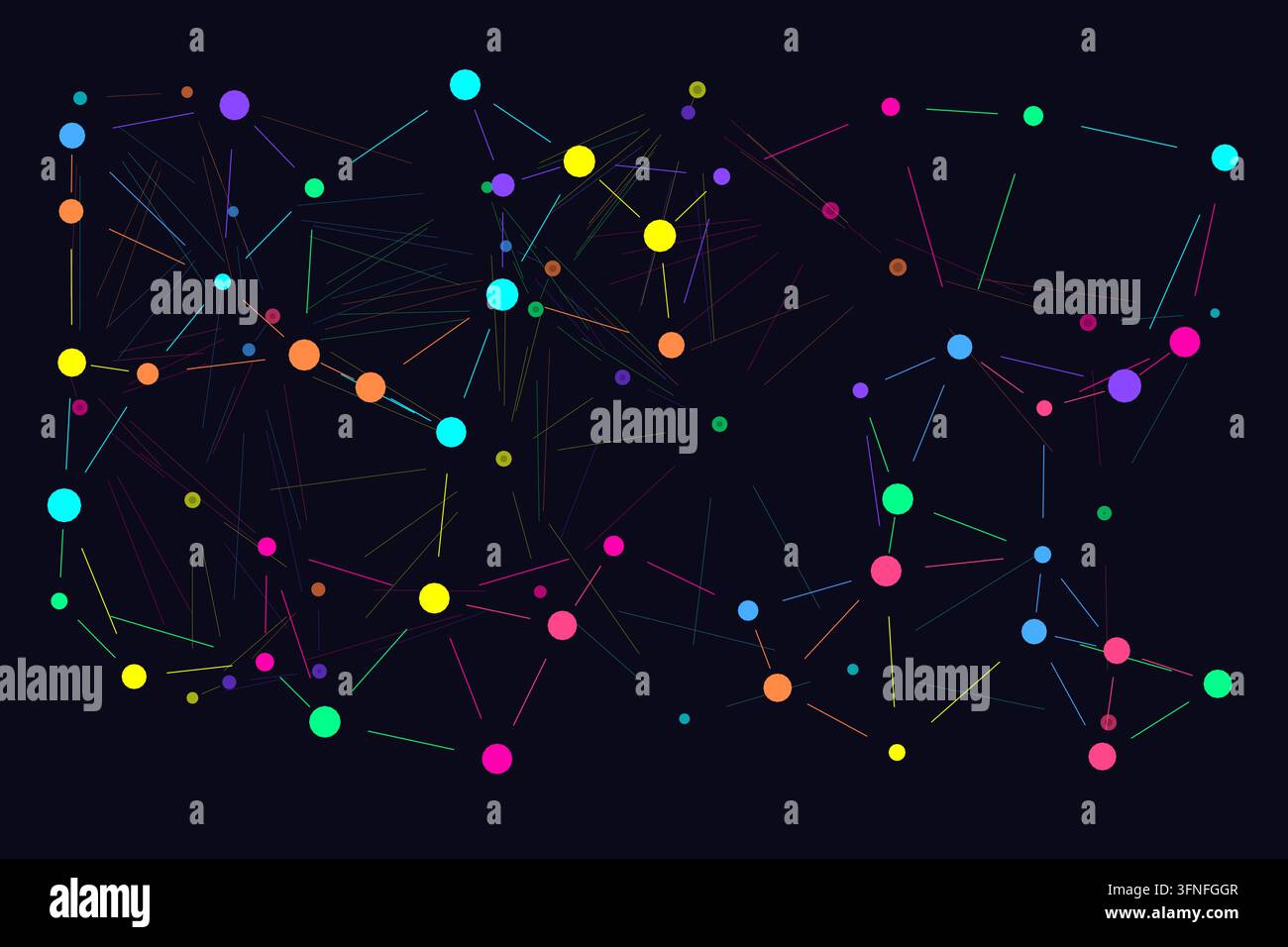 Digital data connection graph showing glowing colorful nodes and network links Stock Photo