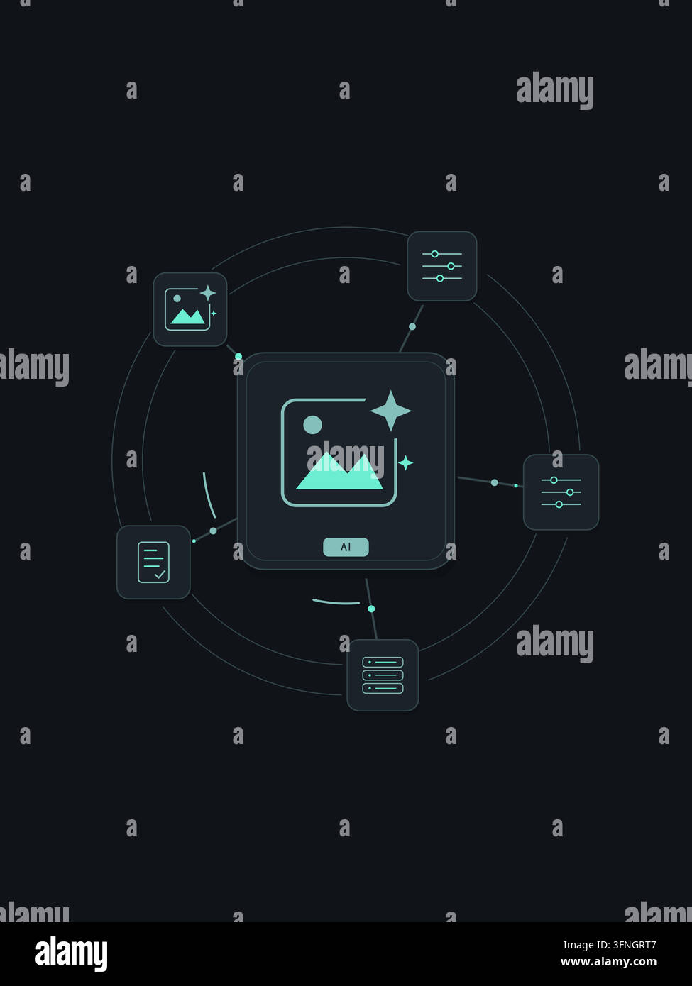 Generative AI creative tools with connected technology symbols and editable geometric shapes. Stock Vector