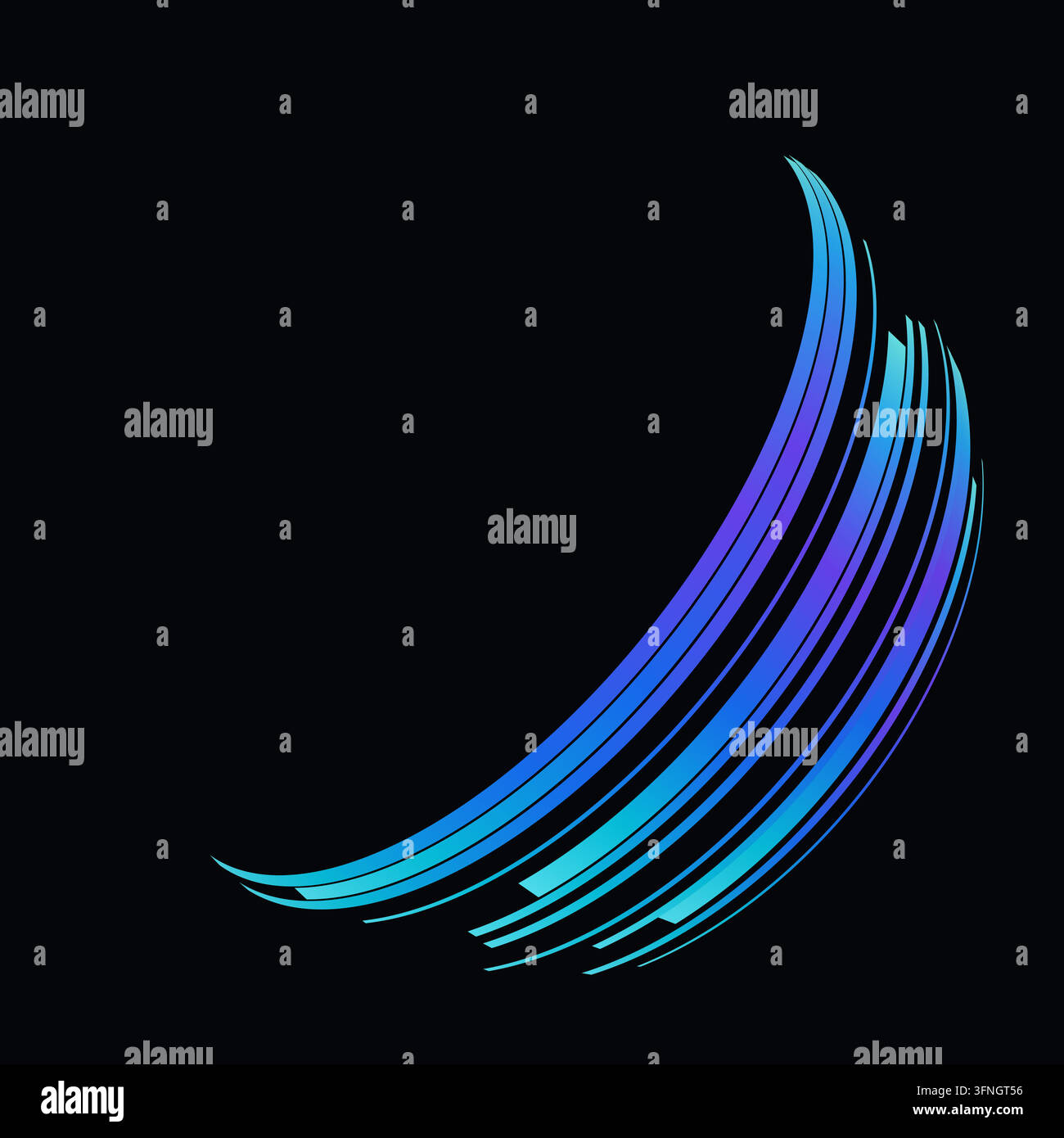 Rectangular gradient strips with squared ends wrap around an invisible sphere to form a spherical ribbon wave on a black background with left copy spa Stock Vector