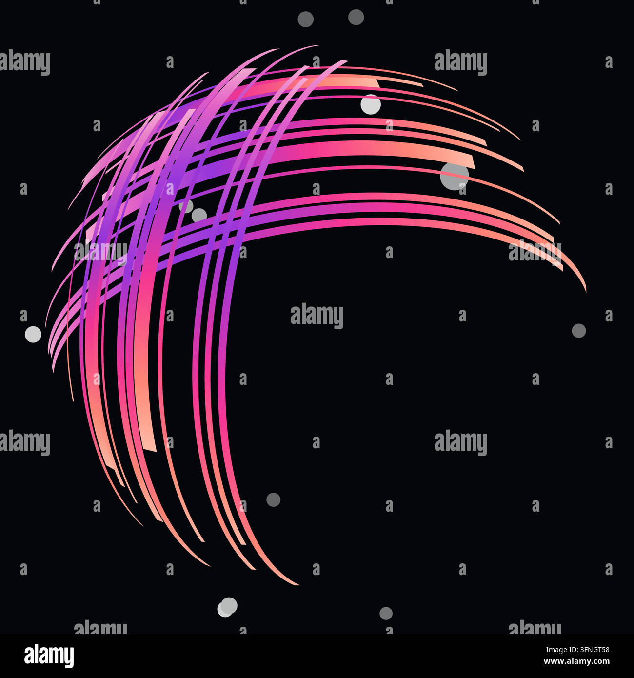Rectangular gradient strips with squared ends wrap around an invisible sphere to form a crossing spherical ribbon fan on a black background with lower Stock Vector