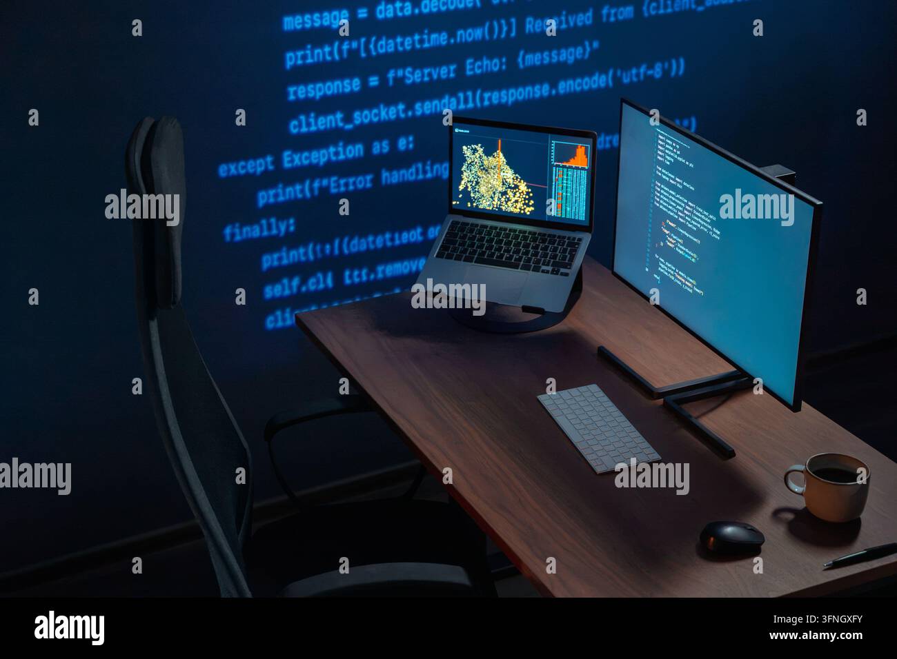 Modern developer workstation with multiple screens displaying code, software interfaces and data visualization in a dark blue-lit office environment. Copy space Stock Photo