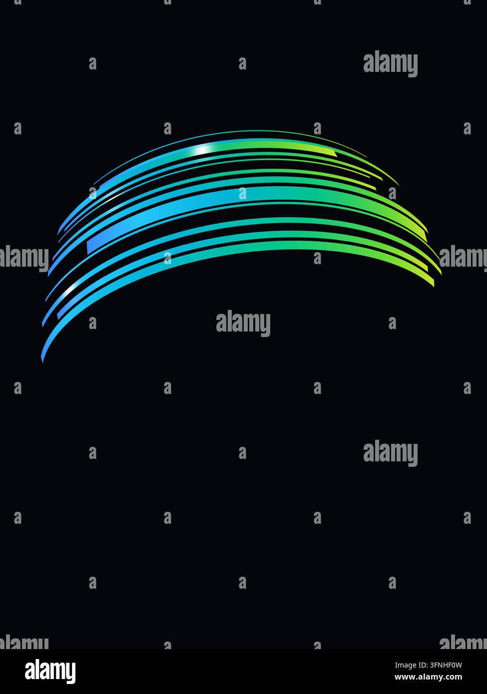 Rectangular gradient strips with squared ends wrap around an invisible sphere to form a spherical ribbon wave on a black background with lower right c Stock Vector