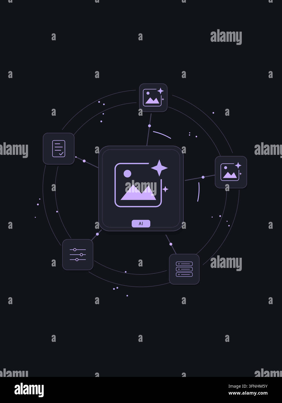 Generative AI creative tools with connected technology symbols and editable geometric shapes. Stock Vector