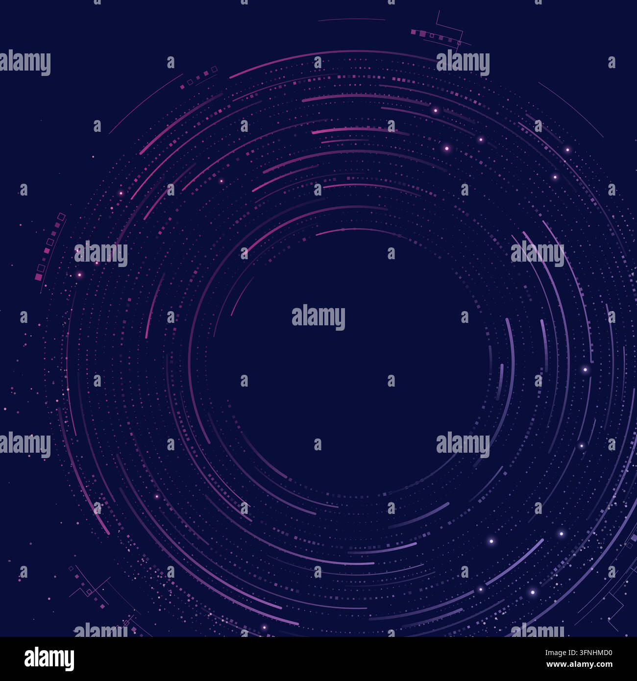 Concentric digital rings and fine circuit details form a neon eclipse on deep blue. Editable vector artwork. Bright nodes accent the rings. Open centr Stock Vector
