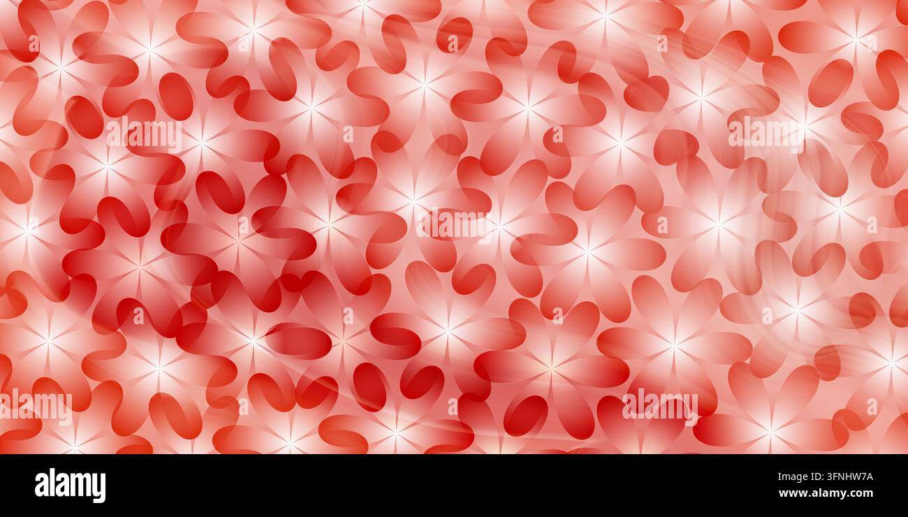 Seamless abstract red background featuring a repeating floral pattern with soft overlapping petals and glowing centers. Stock Photo