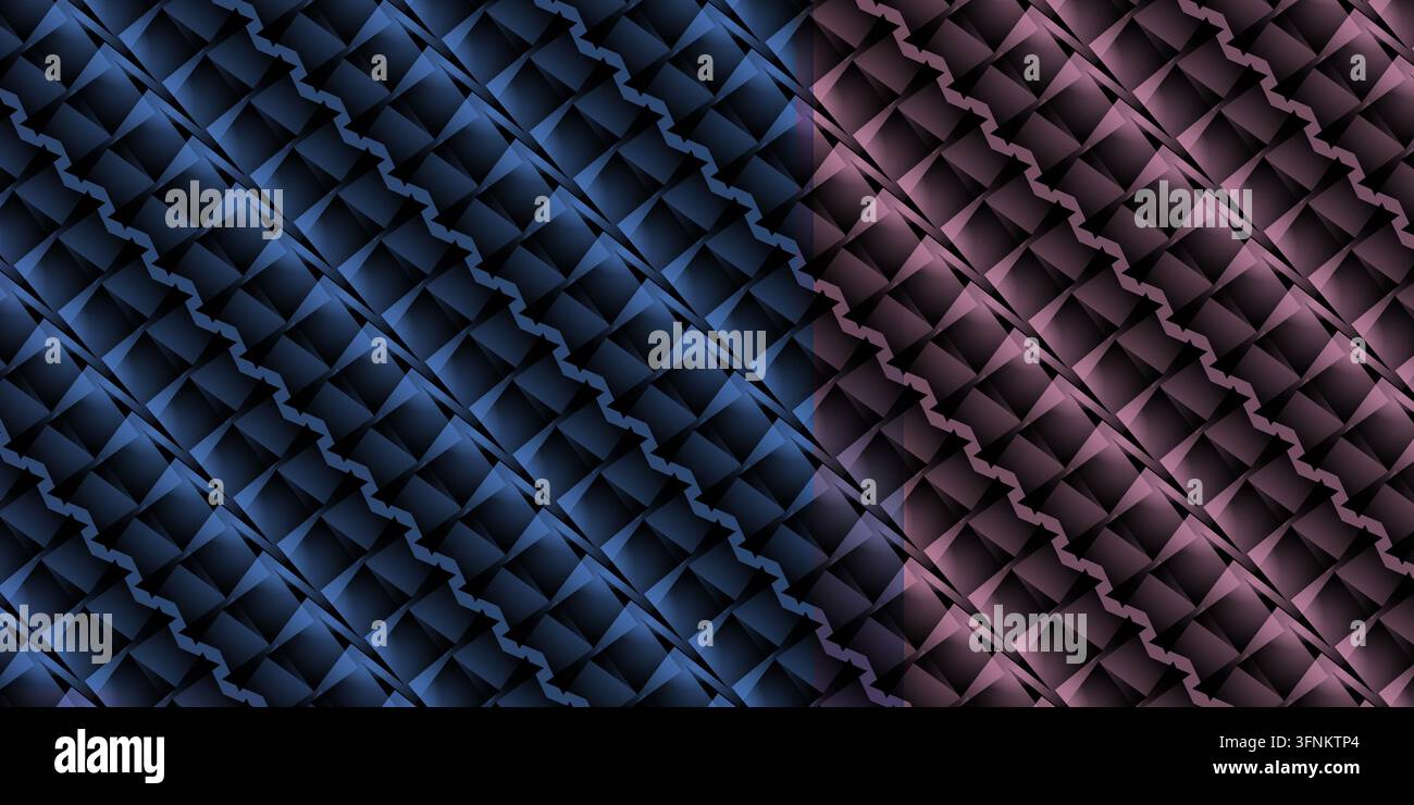 An abstract design showcasing a geometric patterned background split vertically between blue and pink color tones. Stock Photo