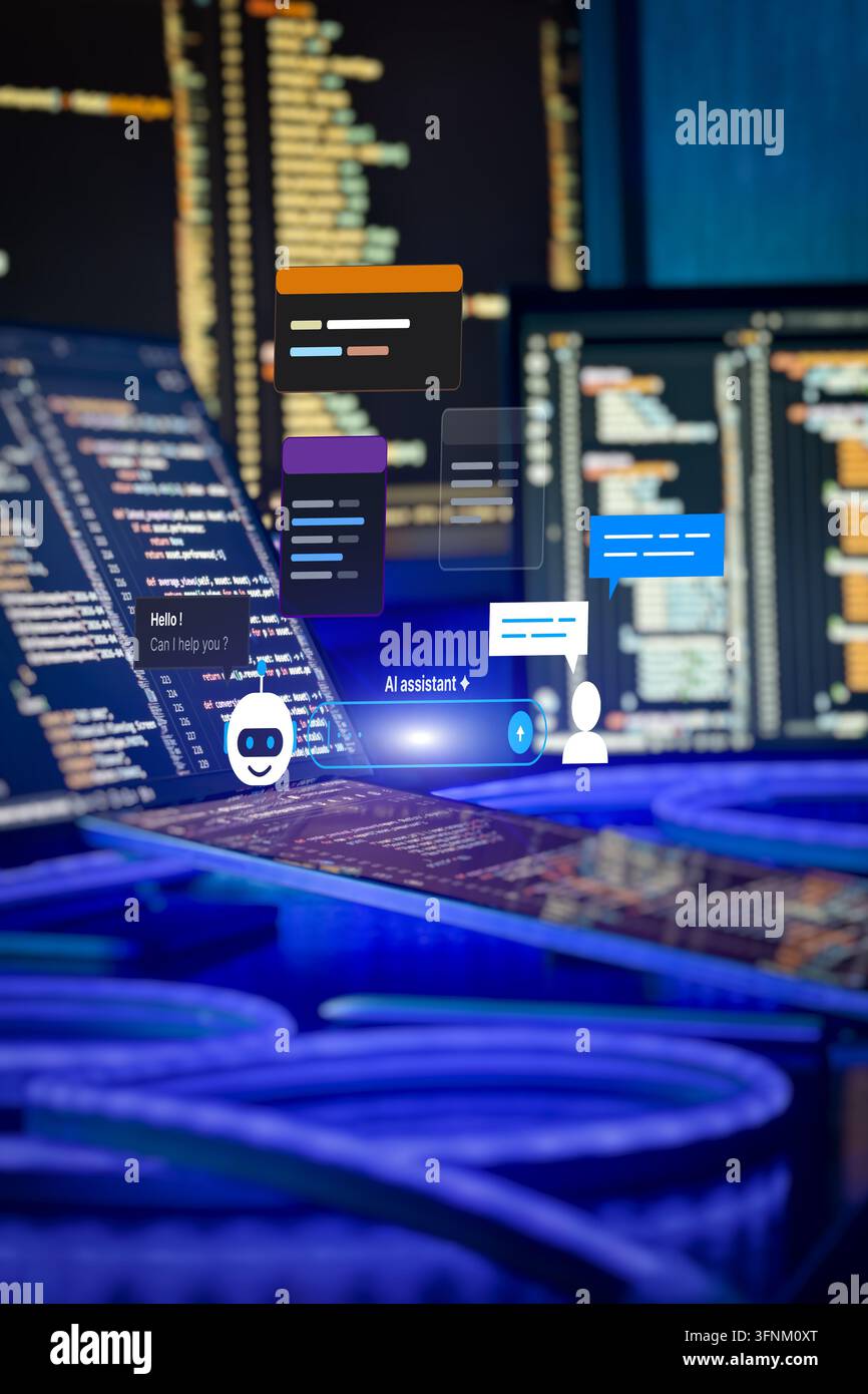 AI Assistant Chatbot Interface With Programming Code Screens, Software Development and Digital Automation Technology Stock Photo