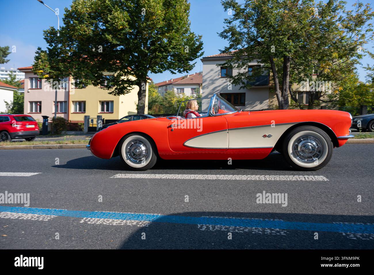 Side view of a Chevrolet Corvette C1 number 44 during the Pražská Noblesa 2026 historic vehicle rally. Prague, Czech Republic, October 3, 2026. Stock Photo