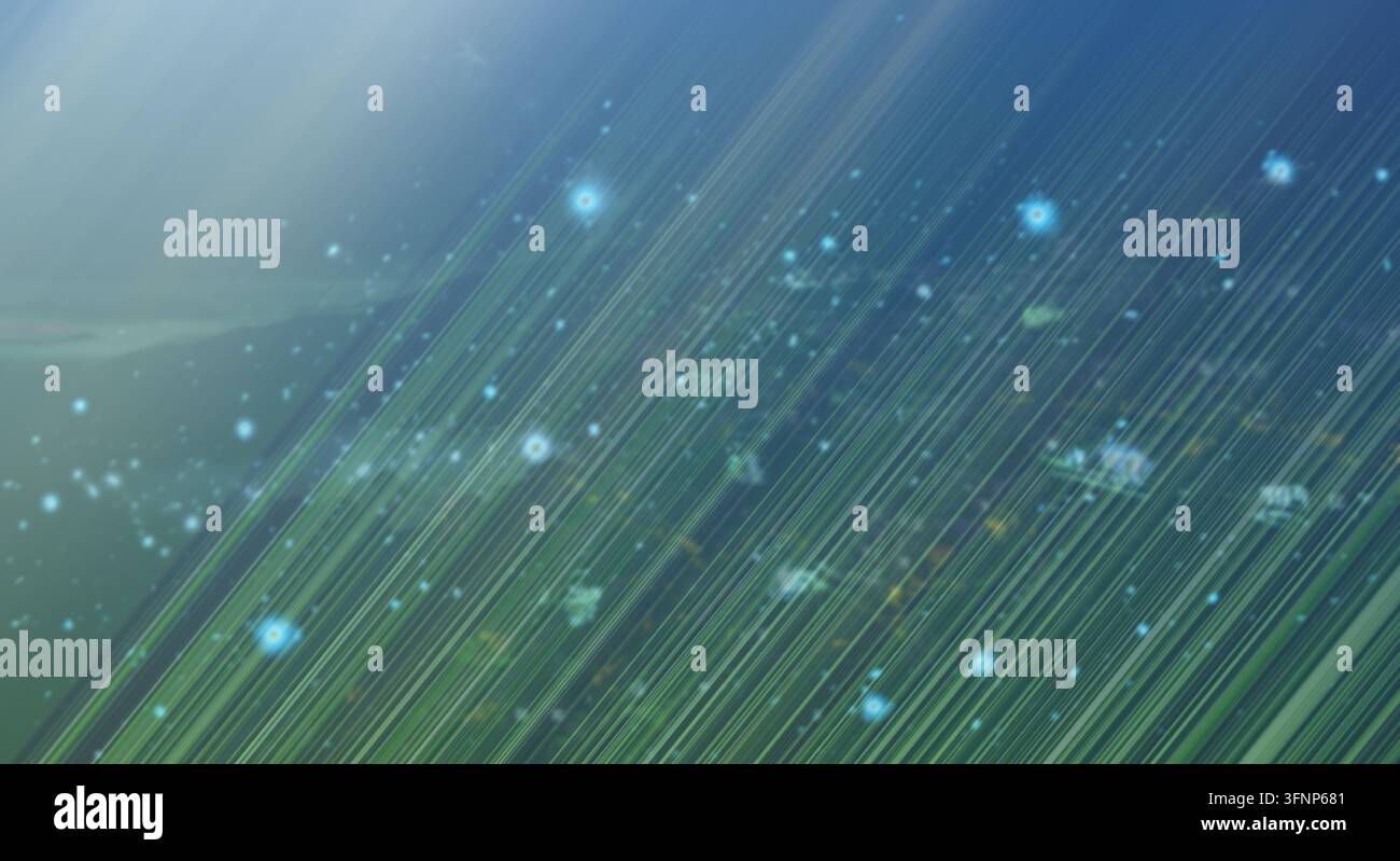 Abstract background featuring diagonal light motion and glowing particles. Stock Photo
