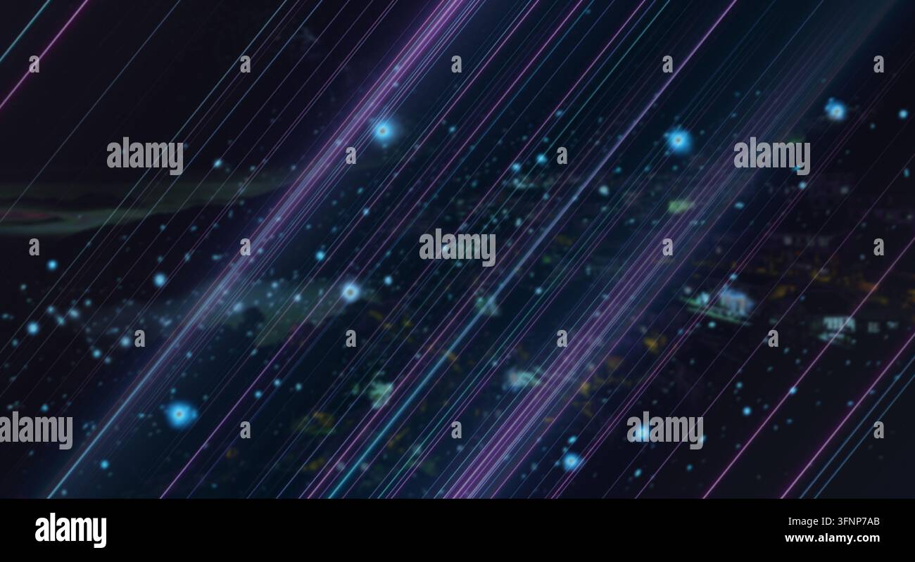 Abstract background featuring diagonal light trails and glowing particles. Stock Photo