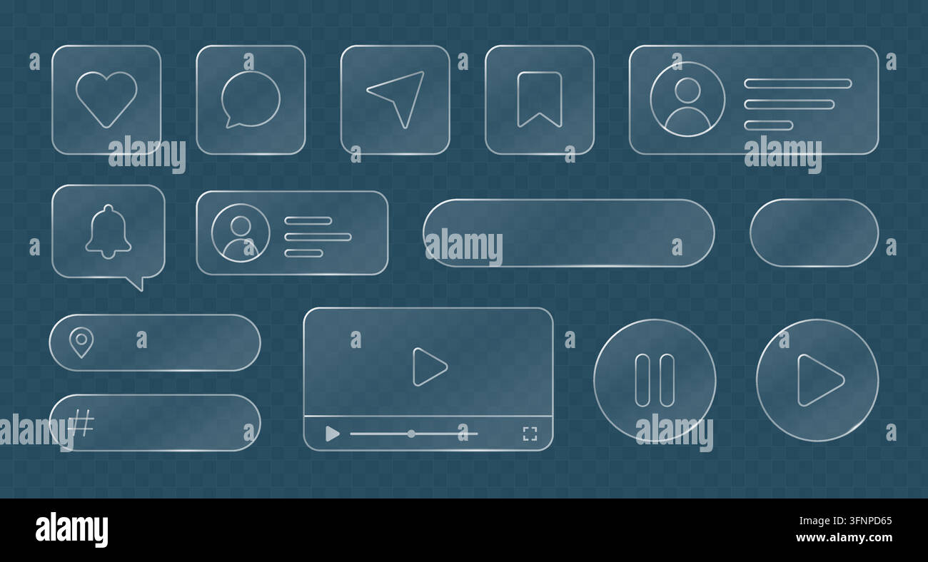 Glassmorphism social media UI elements. Transparent interface frames and buttons Stock Vector