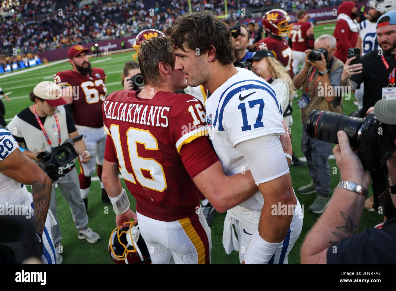 Indianapolis Colts quarterback Daniel Jones (17) greets Washington ...