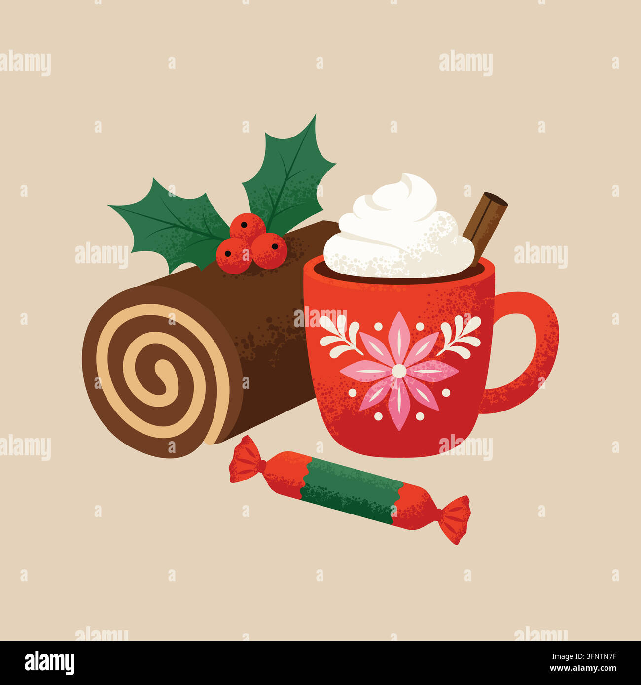 Cozy Christmas hot chocolate with whipped cream, Yule log cake and candy vector illustration. Stock Vector