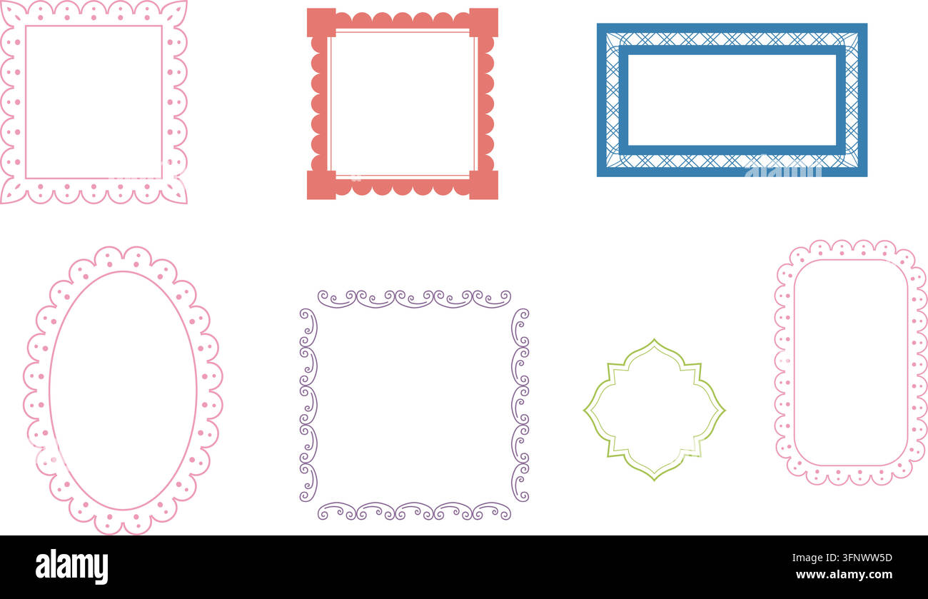 Decorative frame set featuring colorful border patterns for scrapbooking invitations and creative graphic design Stock Vector
