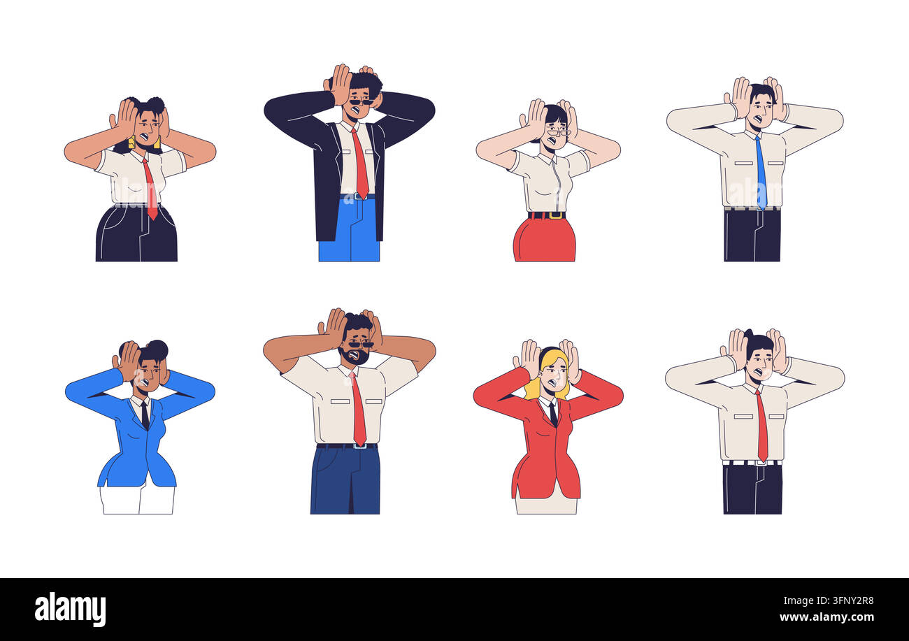Diverse office workers clutching heads from workplace stress 2D cartoon characters pack Stock Vector