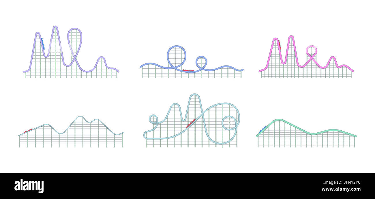 Roller coaster with loops and tracks 2D cartoon clip art set Stock Vector