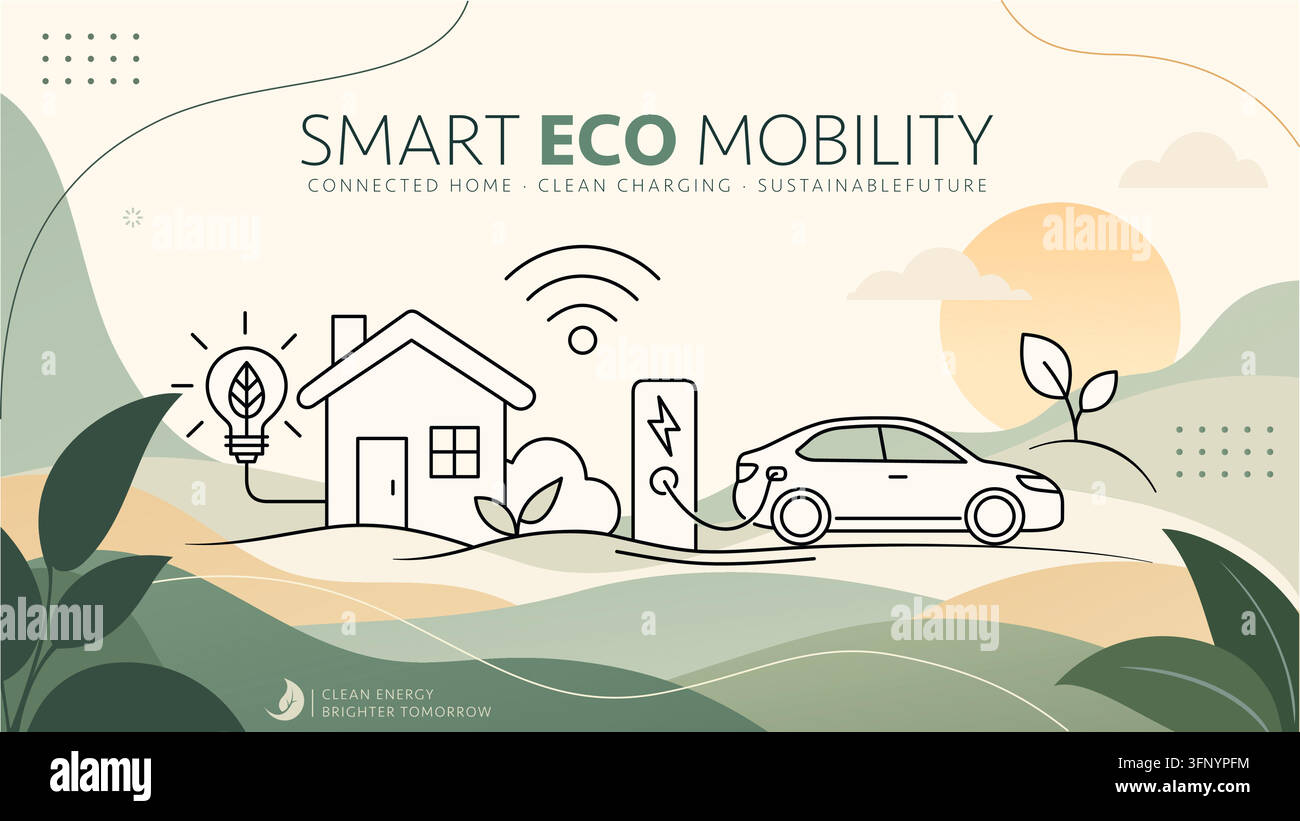 smart eco mobility with electric car, connected home and clean energy Stock Vector