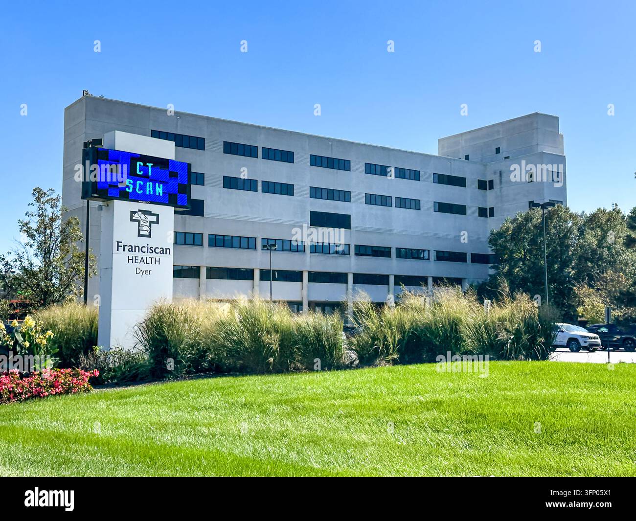 Franciscan Health Dyer Hospital Building Exterior with Digital Signage in summer. Dyer, IN USA - October 4, 2026 - Smartphone Captured Stock Image