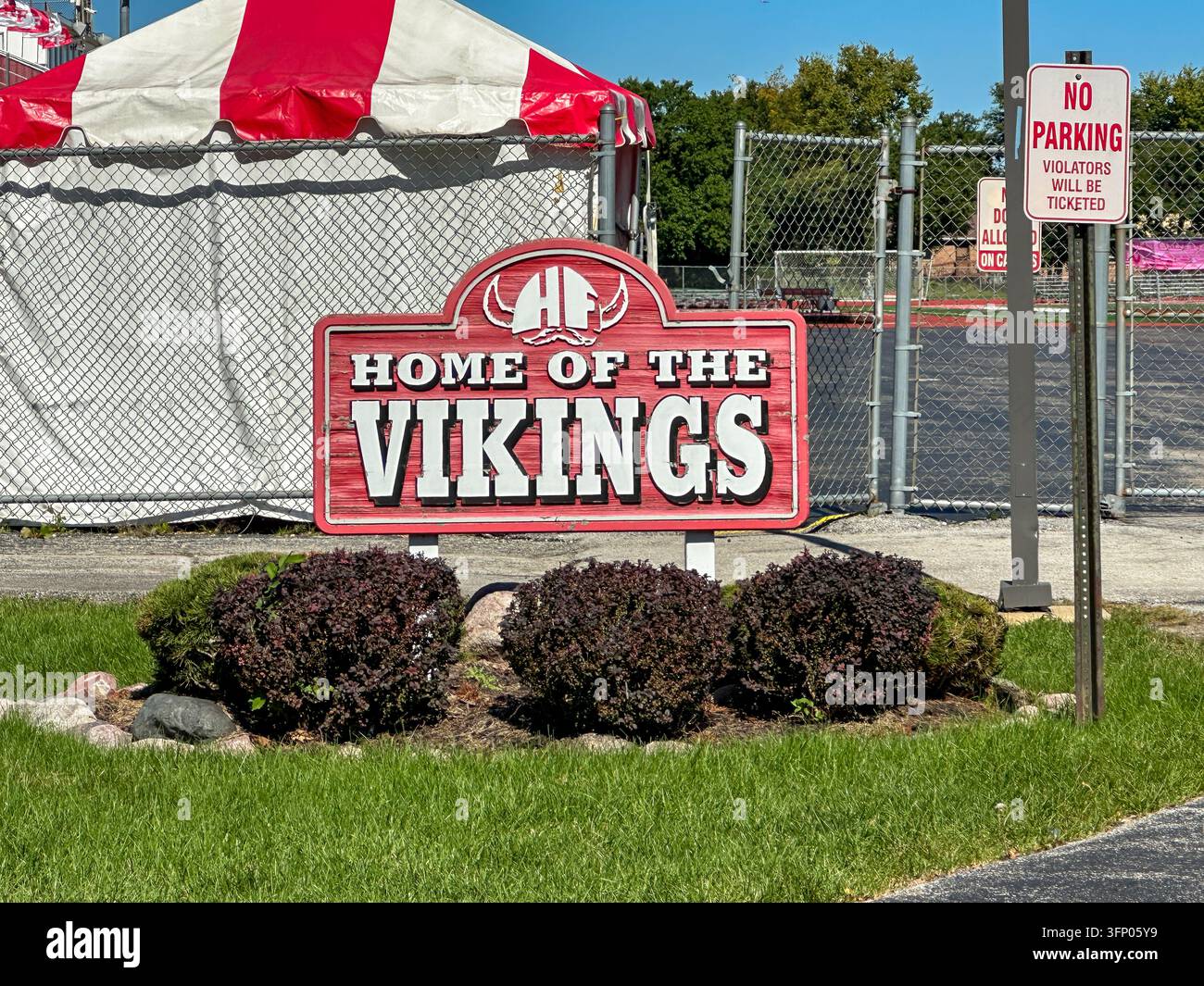 Homewood-Flossmoor High School athletic fields sign displaying the school mascot and "Home of the Vikings" text. Flossmoor, IL USA - October 4, 2026 - Smartphone Captured Stock Image